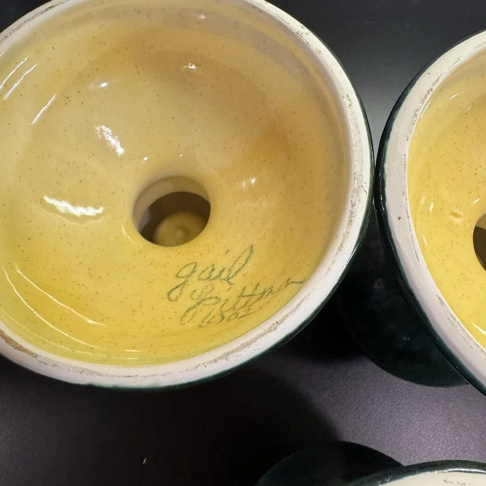 Vintage Gail Pittman Pottery Taper or Pillar Candle Holder Green  Signed Set 3‎
